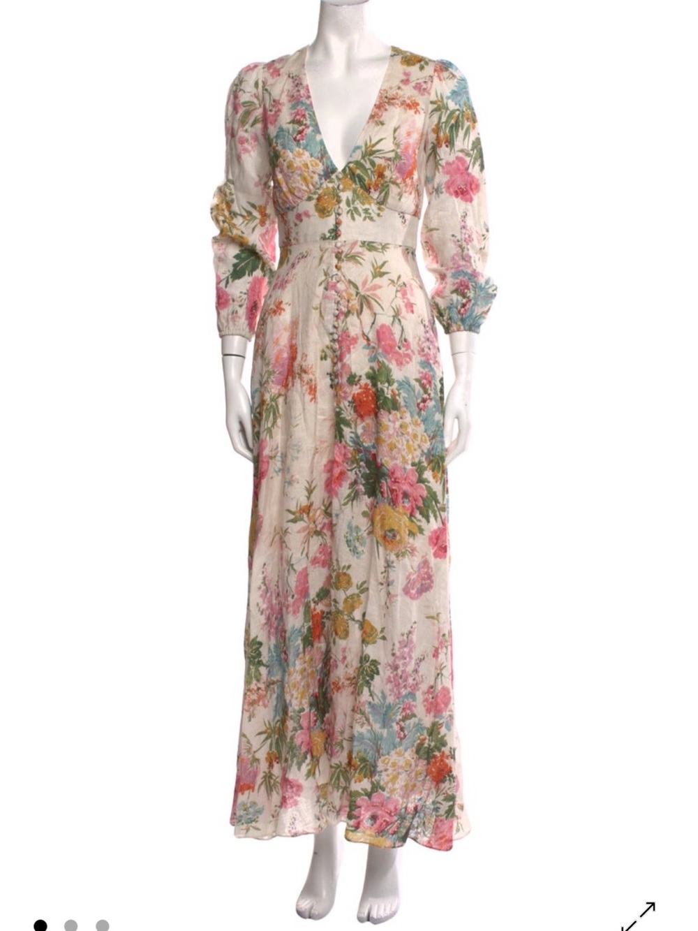 Zimmermann Cream Floral Tie-Neck Maxi Dress with Pink and Yellow Blooms - Picture 2 of 10